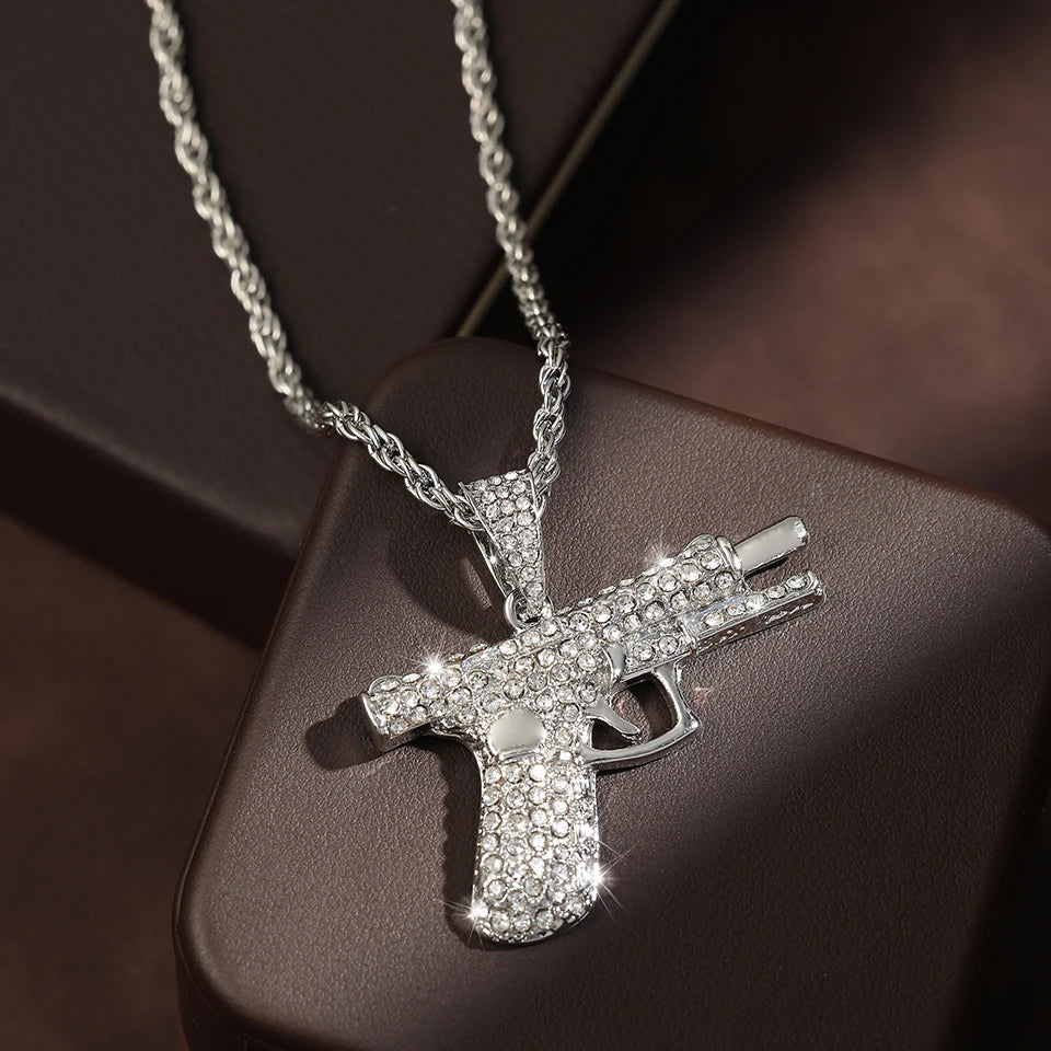 ZAKOL Hiphop&Rock AK47 Rifle&Gun Pendant Necklaces For Men Women Crystal Metal Clavicle Chain Choker Party Daily Jewelry Gifts