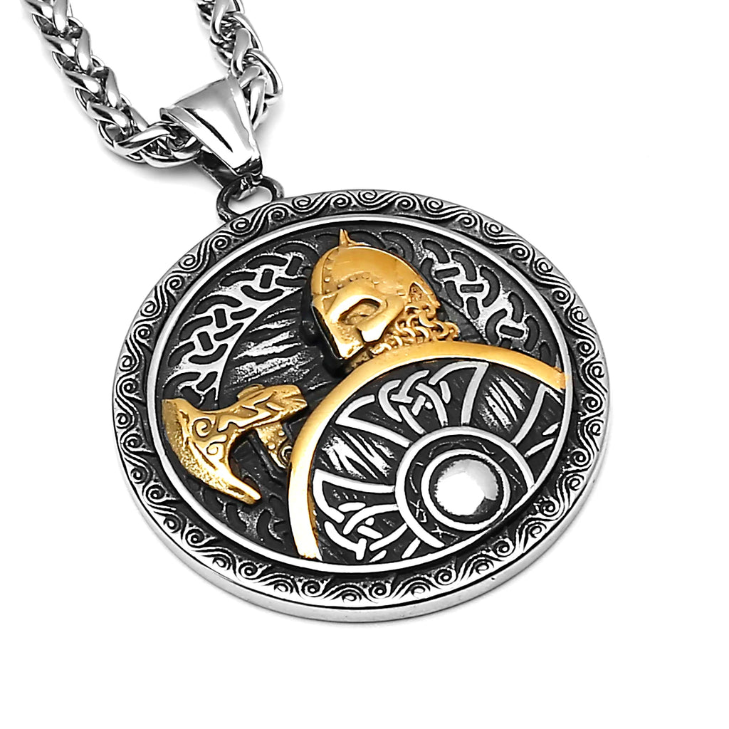 Nordic Viking Odin Warrior Axe Shield Retro Pop Pendant Necklace Stainless Steel Amulet Necklace Men's Gift Jewelry Wholesale