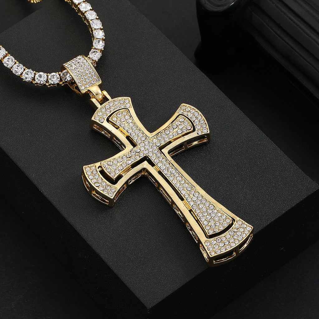 Iced Out Rhinestone Cross Pendant Tennis Necklace — Zinc Alloy