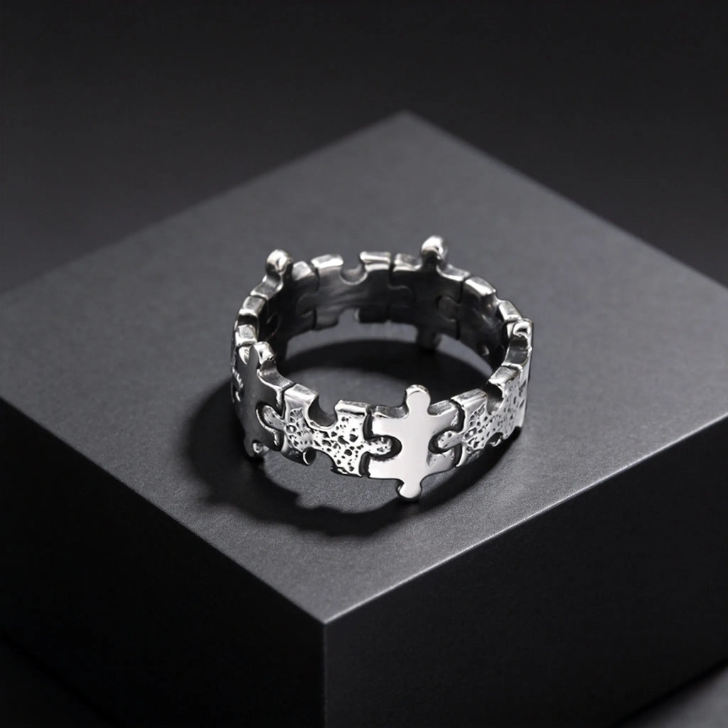 Hammered Jigsaw Puzzle Ring for Men — Stainless Steel