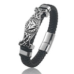 Viking Valknut Leather Braid Bracelet — Stainless Steel