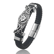 Viking Valknut Leather Braid Bracelet — Stainless Steel