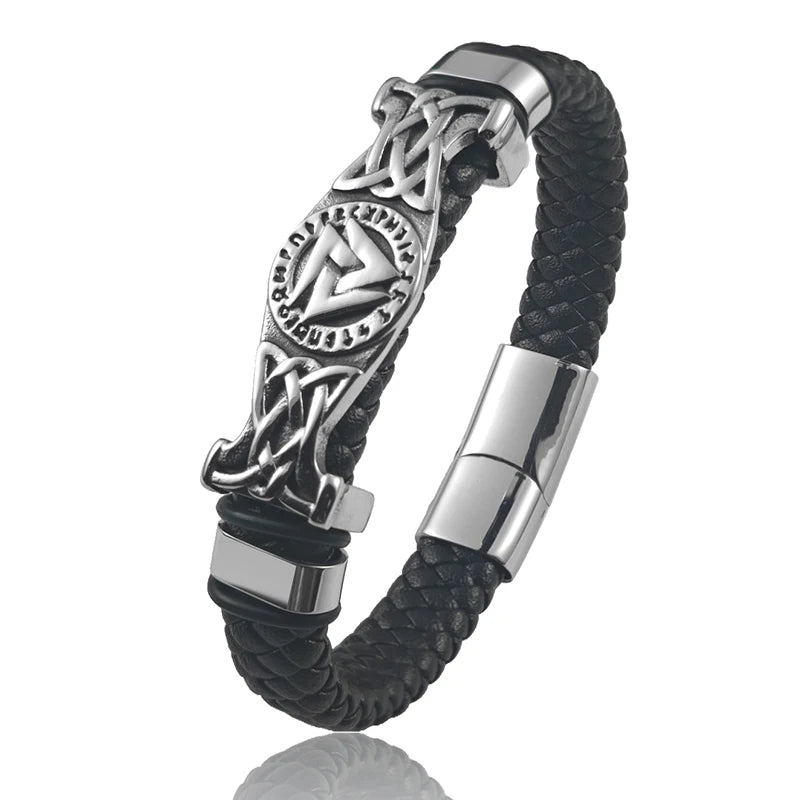 Viking Valknut Leather Braid Bracelet — Stainless Steel