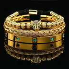 Luxury Black Stone Beads Leopard Head Man Bracelet Enamel Stainless Steel Roman Bangles Women Jewelry Set