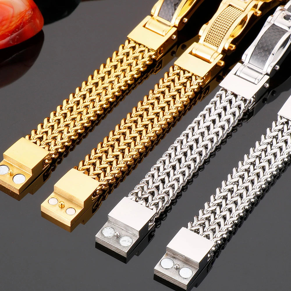 Luxury Bracelet for Men Gold Color 12MM Wide Stainless Steel Square Franco Link Chain Men's Wrist Bracelets With Magnet
