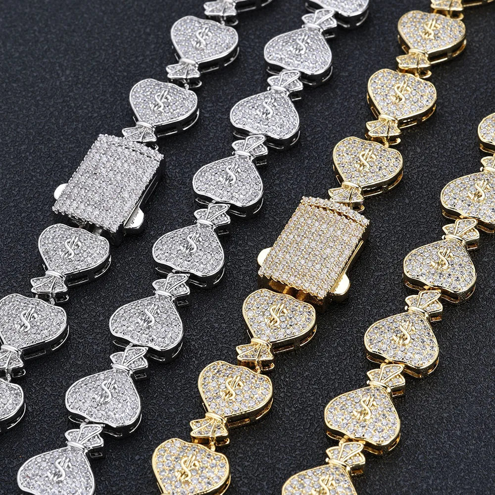 Iced Out Cuban Chain Necklace Money Bag CZ