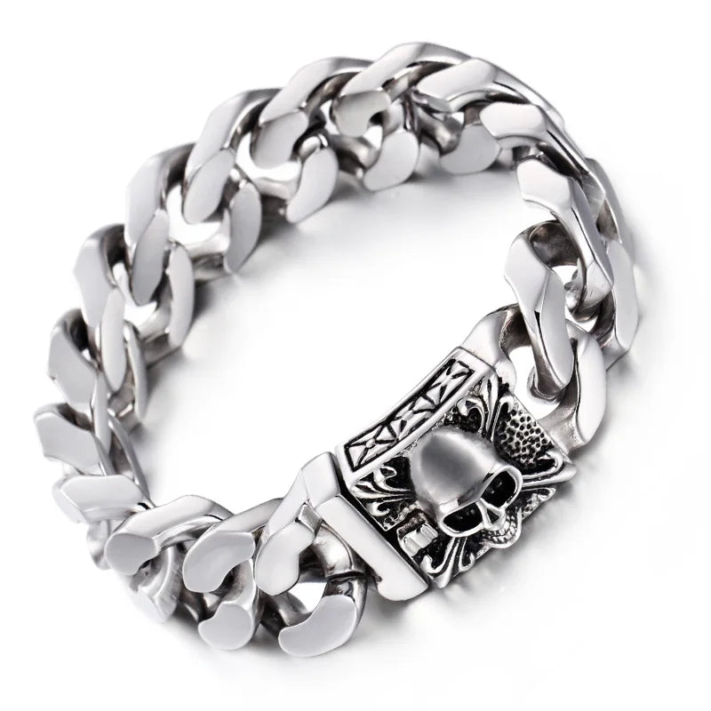 Fongten Gothic Skull Bracelets For Men Ancient Silver Color Stainless Steel Cuban Chain Heavy Bracelet Bangle Jewelry Wholesale