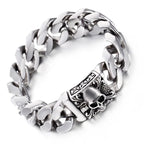 Fongten Gothic Skull Bracelets For Men Ancient Silver Color Stainless Steel Cuban Chain Heavy Bracelet Bangle Jewelry Wholesale