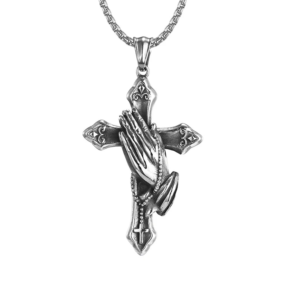 Stainless Steel Cross Praying Hands Pendant Necklace