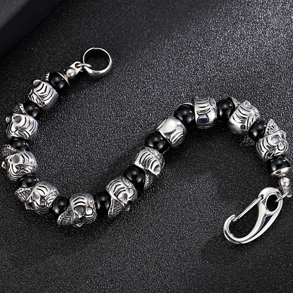 Punk Gothic Stainless Steel Skeleton Jewelry Full Skull Heads Chain Man Bracelet for Men Black Plastic Beads Bracelets