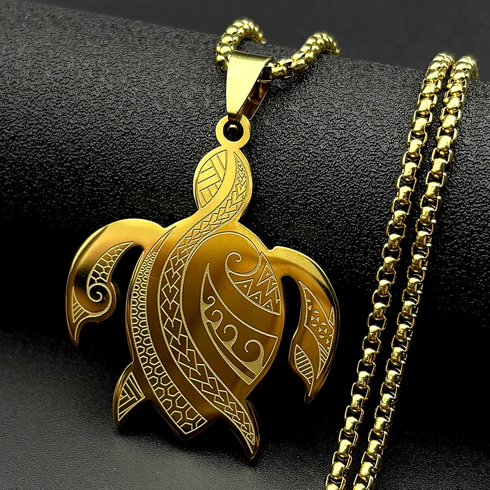 Polynesian Sea Turtle Pendant Necklace — Steel