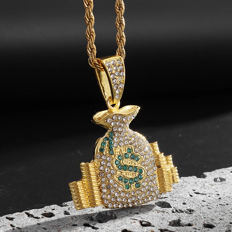 Gold Iced Out Money Bag Pendant Rope Chain