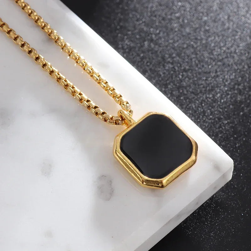 Stainless Steel Square Black Natural Stone Necklace Beautiful Geometric Polygon Pendant for Women Casual Punk Jewelry