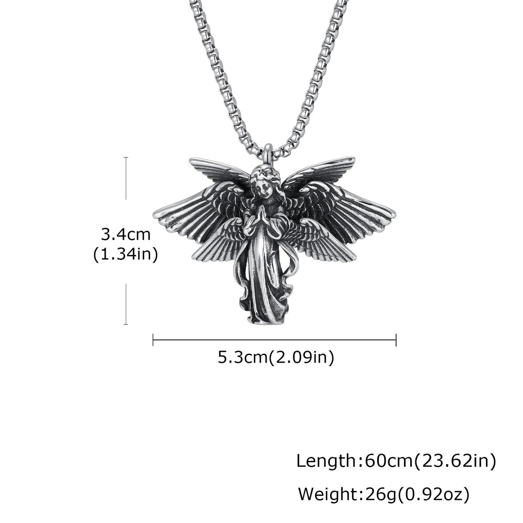 Classic Vintage Angel Wings Pendant Necklace for Men, Stainless Steel Seraph Prayer Necklace, Hip Hop Punk Jewelry