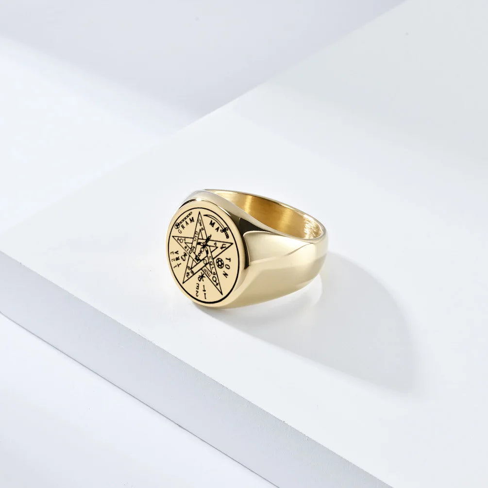 Jewish Tetragrammaton Hebrew Pentagram Rings Stainless Steel Pentacle Ring for Men Witchcraft Power Protection Amulet