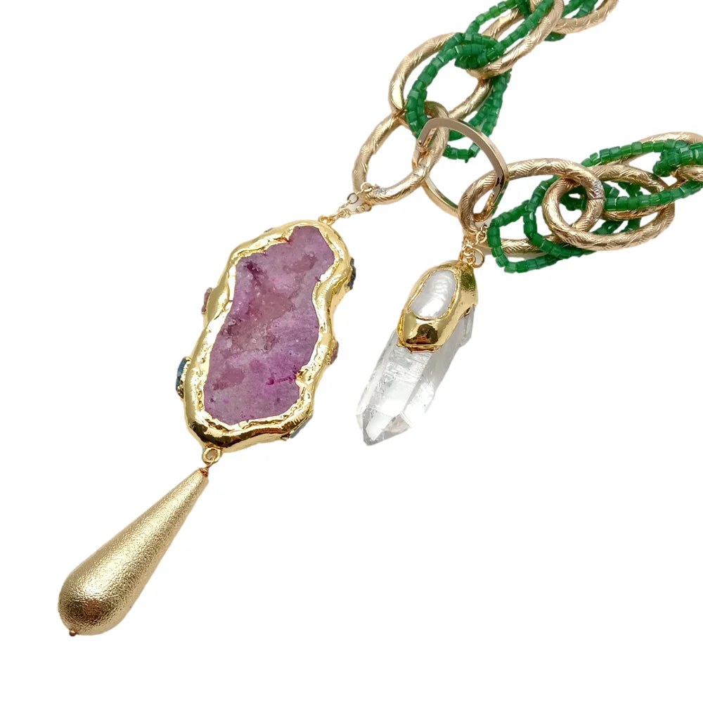 Agate Quartz Pearl Pendant Necklace — 24"