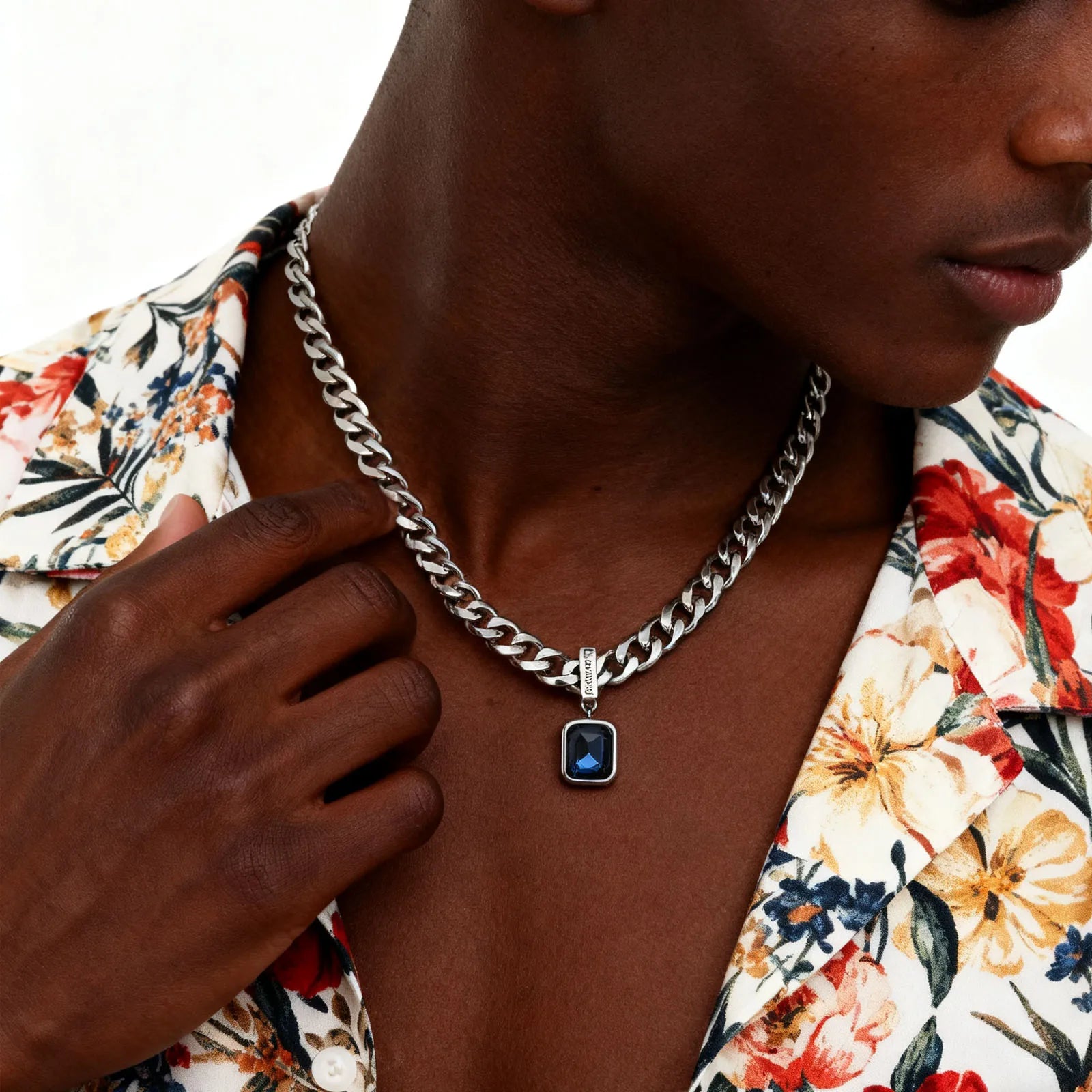 Cuban Stone Square Pendant Necklace — Stainless Steel