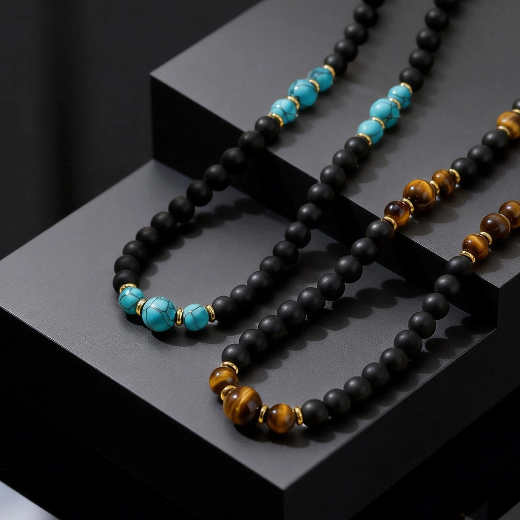 Retro Natural Stone Beads Necklace Tiger Eye Stone Stainless Steel Collar Necklace for Men Boho Trendy Jewelry Gifts