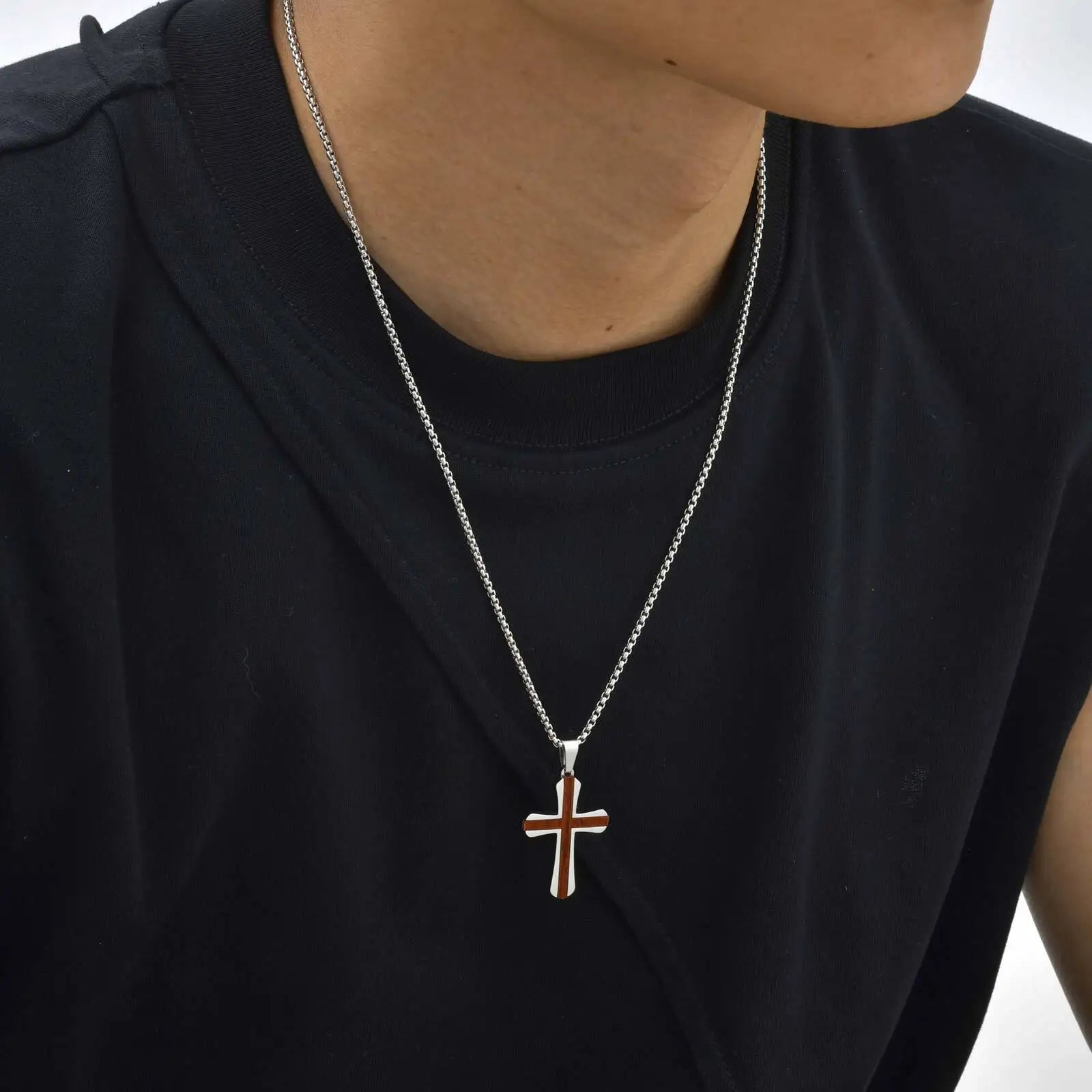 Wood Cross Silver Pendant Necklace — Stainless Steel