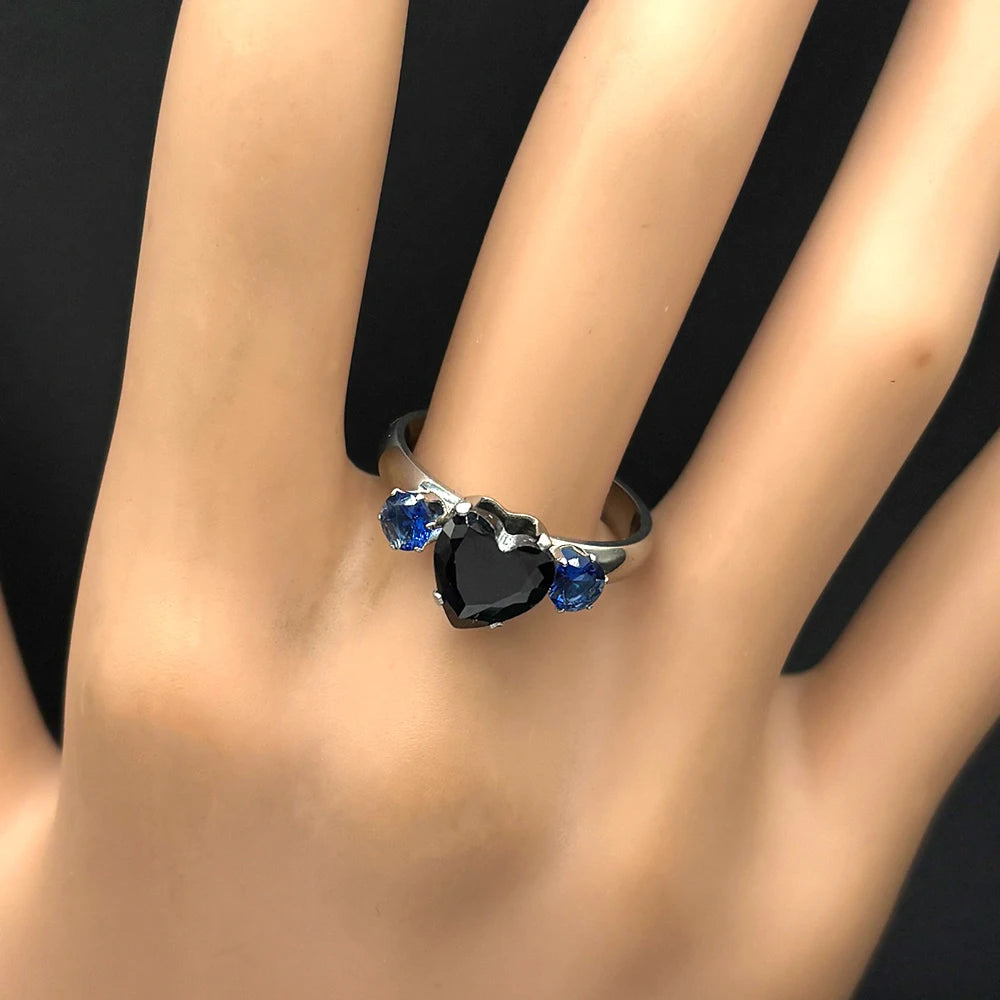 Gothic Heart Silver Ring Blue Rhinestones Finger