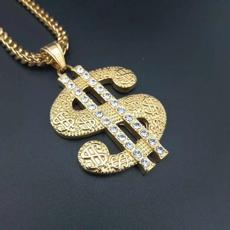 New dollar sign Gold color Stainless steel Chain Rhinestoned Big Dollar Sign Pendant Chain Necklace For Women Hiphop Jewelry