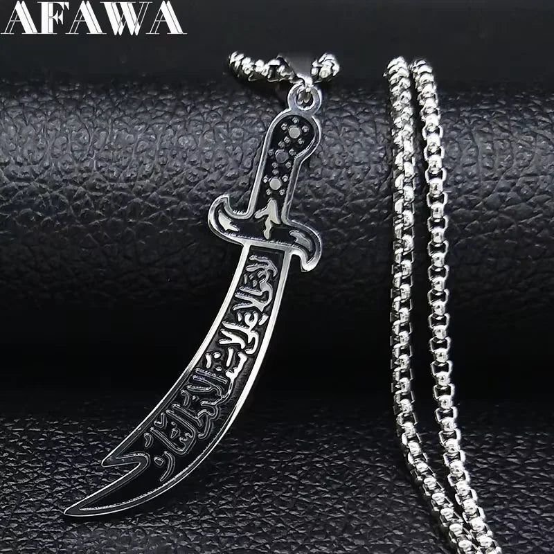 Arabic Ali Sword Knife Necklaces for Men Stainless Steel Gold Color Muslim Islamic Imam Ali Zulfiqar Pendant Necklace Jewelry