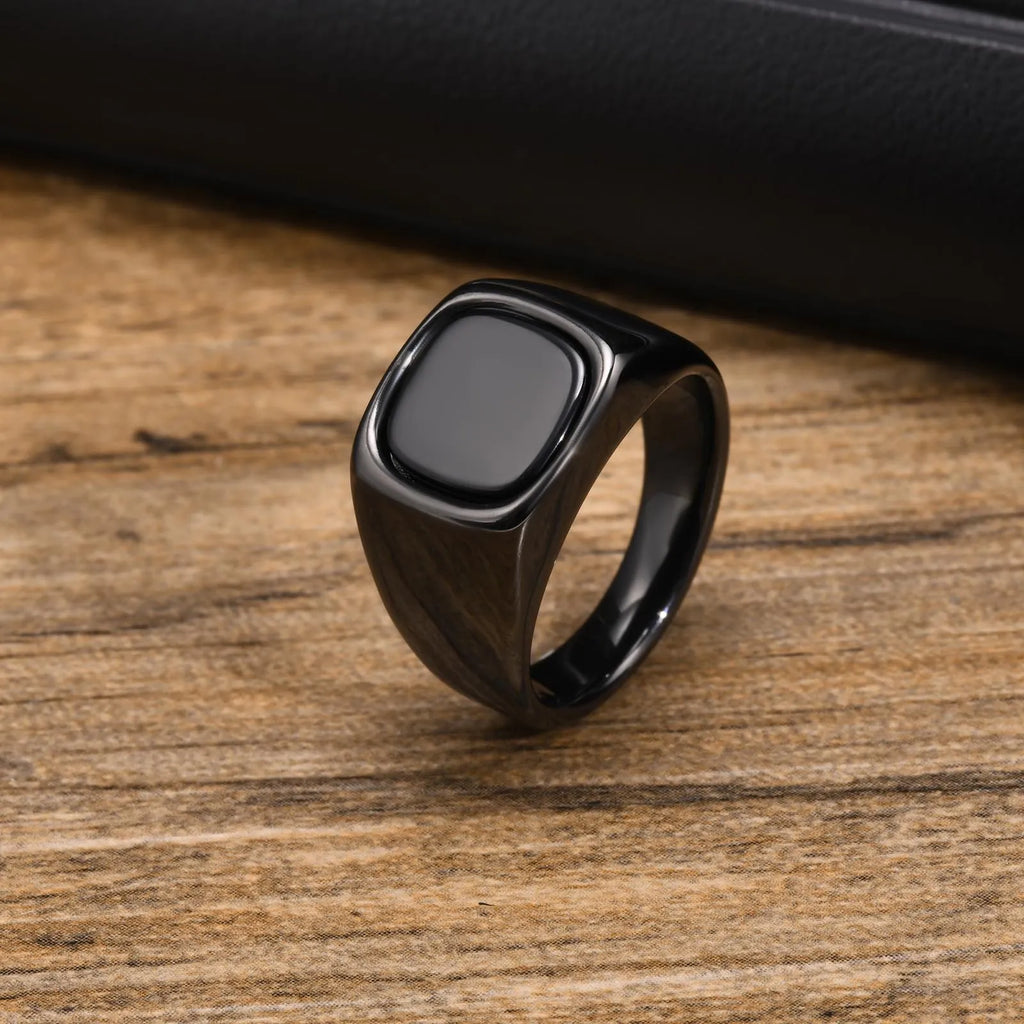 Stylish Black Stone Rings for Men Boys,Waterproof Stainless Steel Geometric Square Ring Signet Ring,Jewelry Gifts for