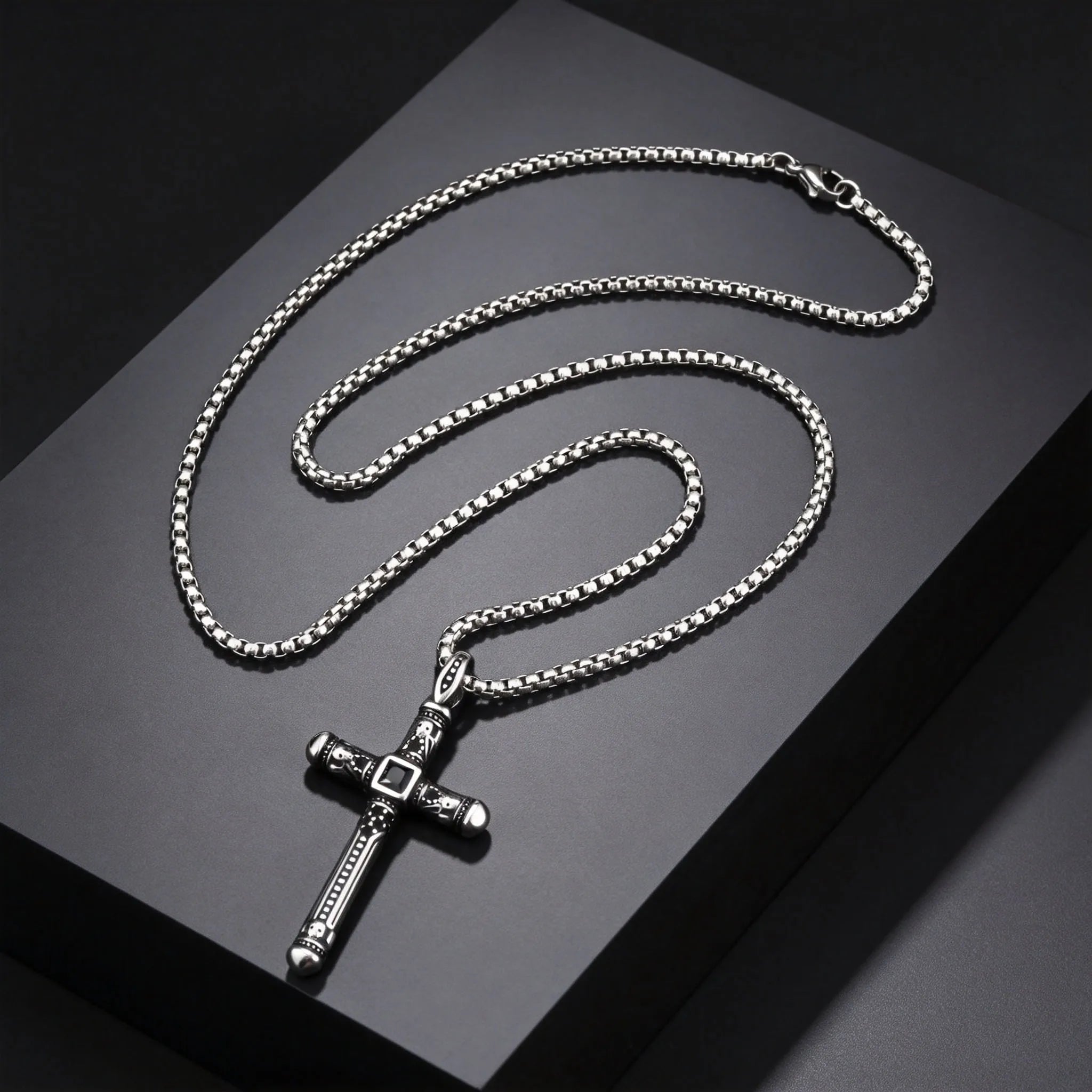 Gothic Skull Cross Necklace for Men, Stainless Steel Black Zircon Collar Necklace, Vintage Creative Hip Hop Jewelry