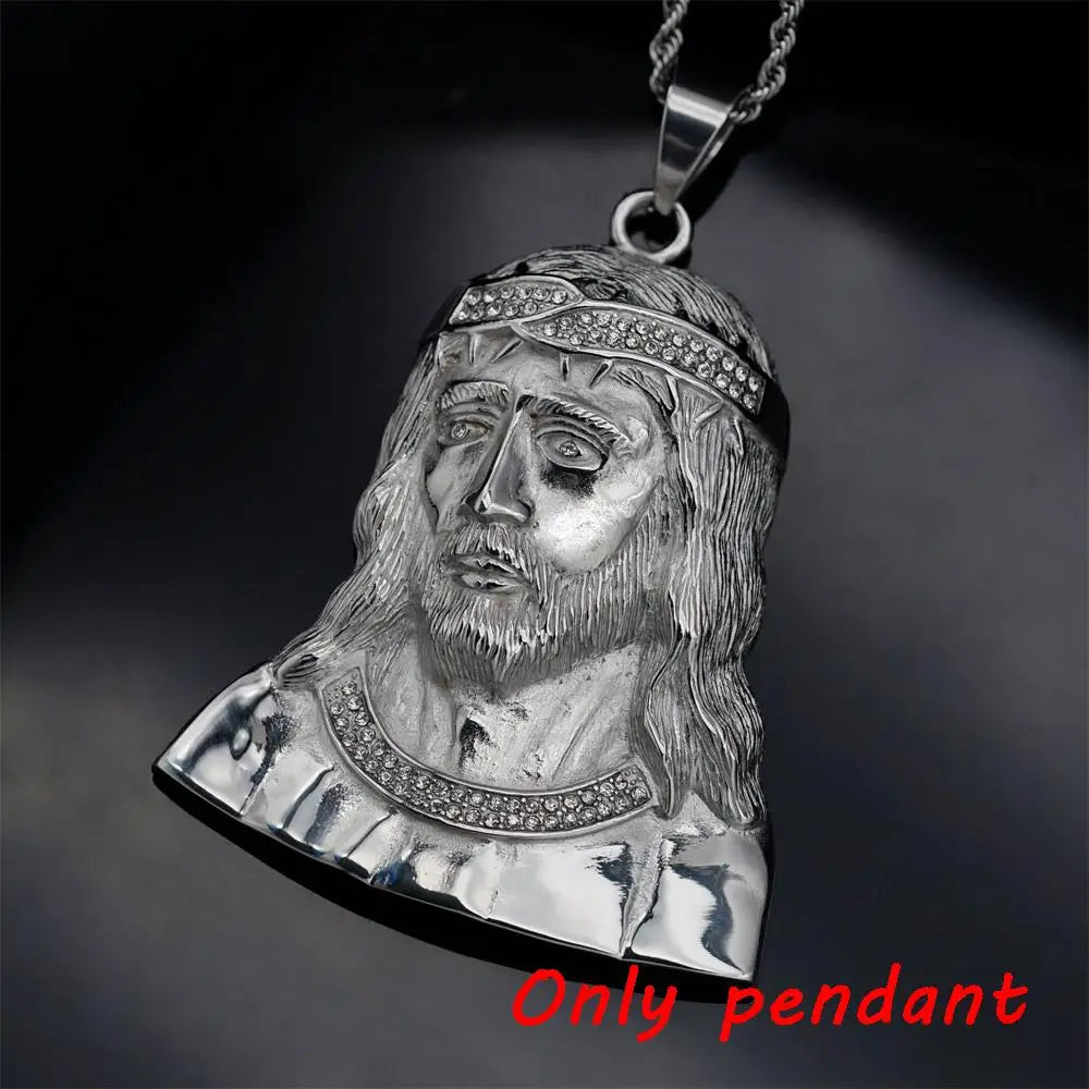 Iced Out Jesus Head Pendant — Stainless Steel