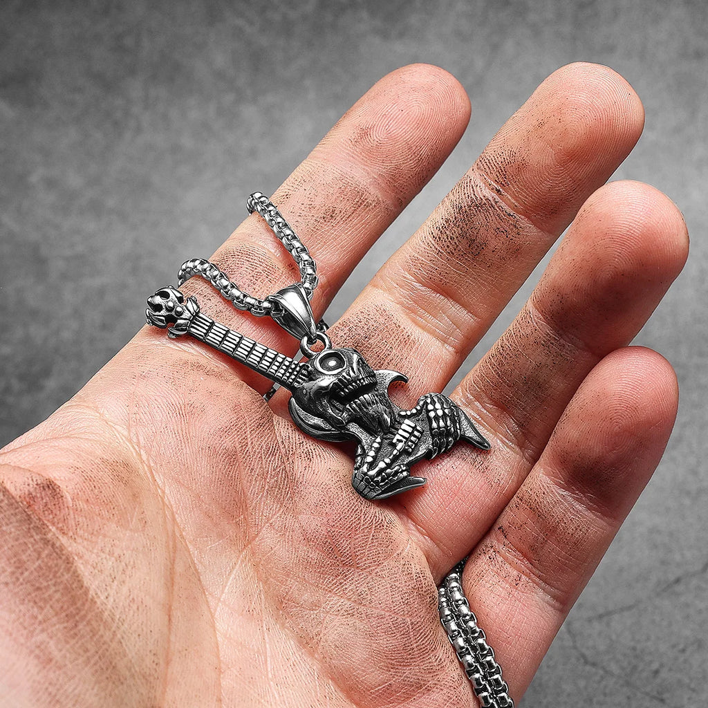 Skull Guitar Pendant Necklace — Stainless Steel