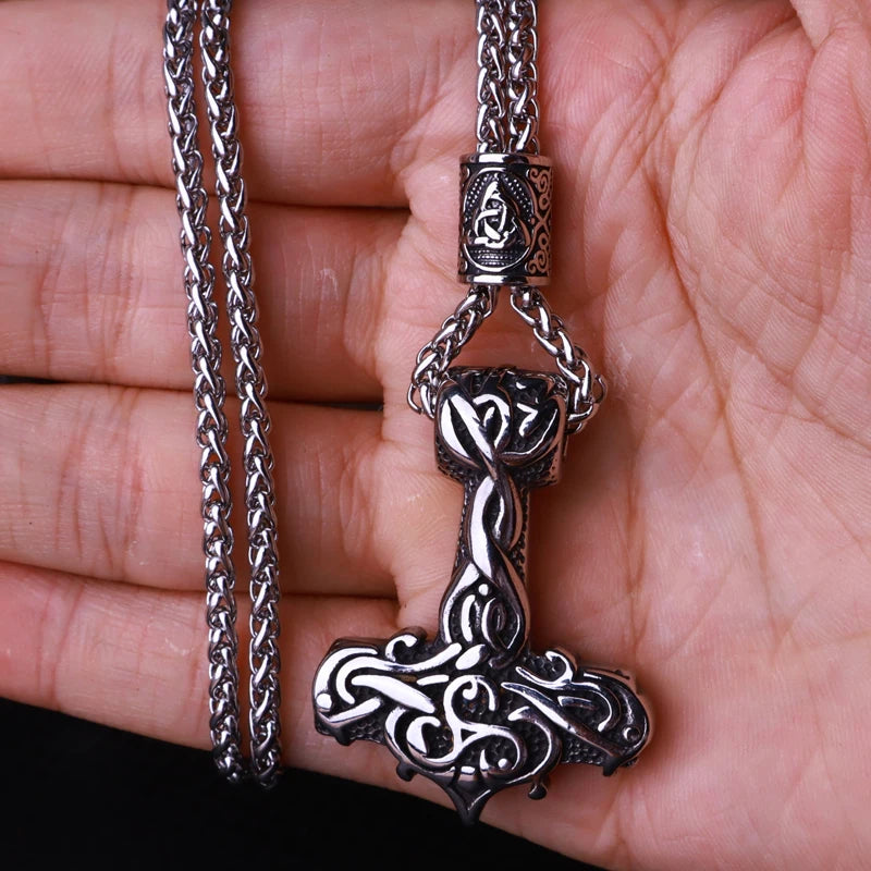 Multi Style Beaded Viking Thor's Hammer Pendant Necklace Stainless Steel Necklace Men Biker Mjolnir Amulet Jewelry