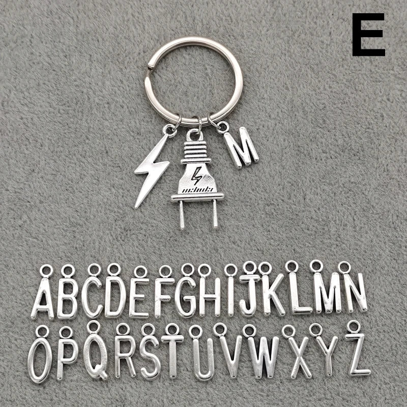 Fashion A-Z Letter Charm Lightning Bolt Plug Electrician Keychain for Electrical Worker Bag Car Keyring Gifts