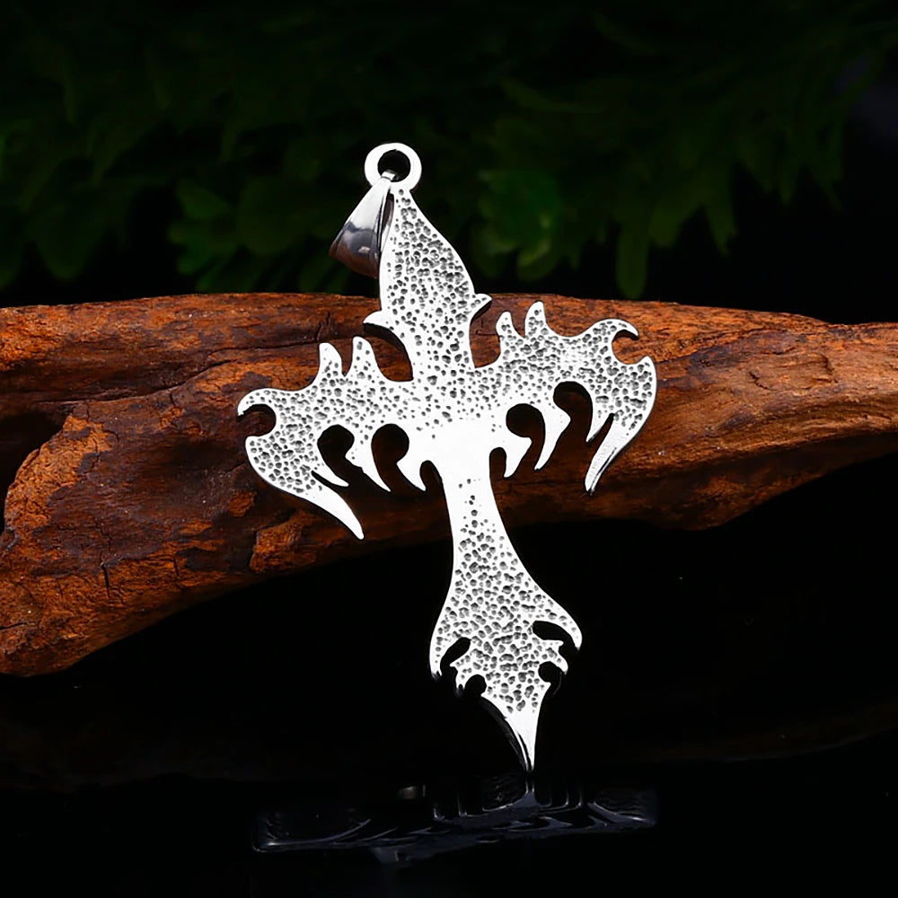 Vintage 316L Stainless Steel Flame Cross Pendant Necklace Hip Hop Fashion Casting Men Necklaces Party Jewelry Gifts Dropshipping