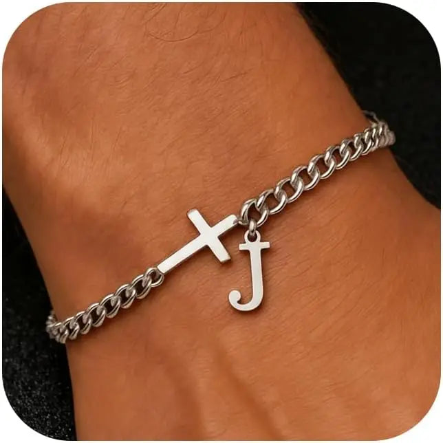Men Cross Cuban Chain Bracelets for Men Initial A-Z Faith Cross Bracelets, Stainless Steel Initial Bracelet Religious