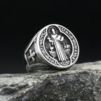 Cross Saint Benedict Steel Ring Vintage 316L Religious