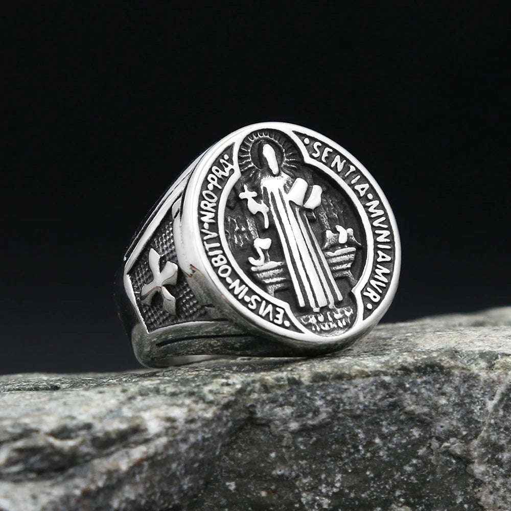 Cross Saint Benedict Steel Ring Vintage 316L Religious