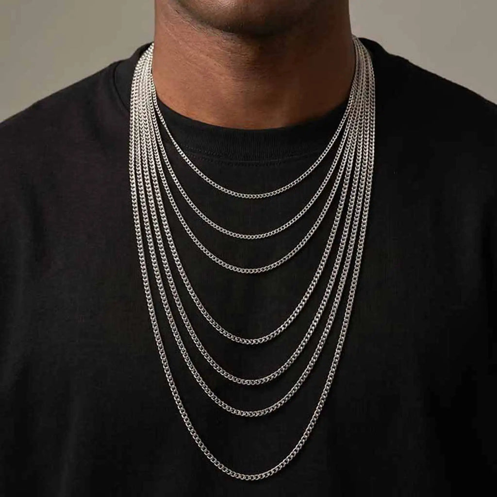 2mm Casual Stainless Steel Cuban Chain Necklace for Men,Hip Hop Punk Silver Color Metal Chain Link Layers Collars