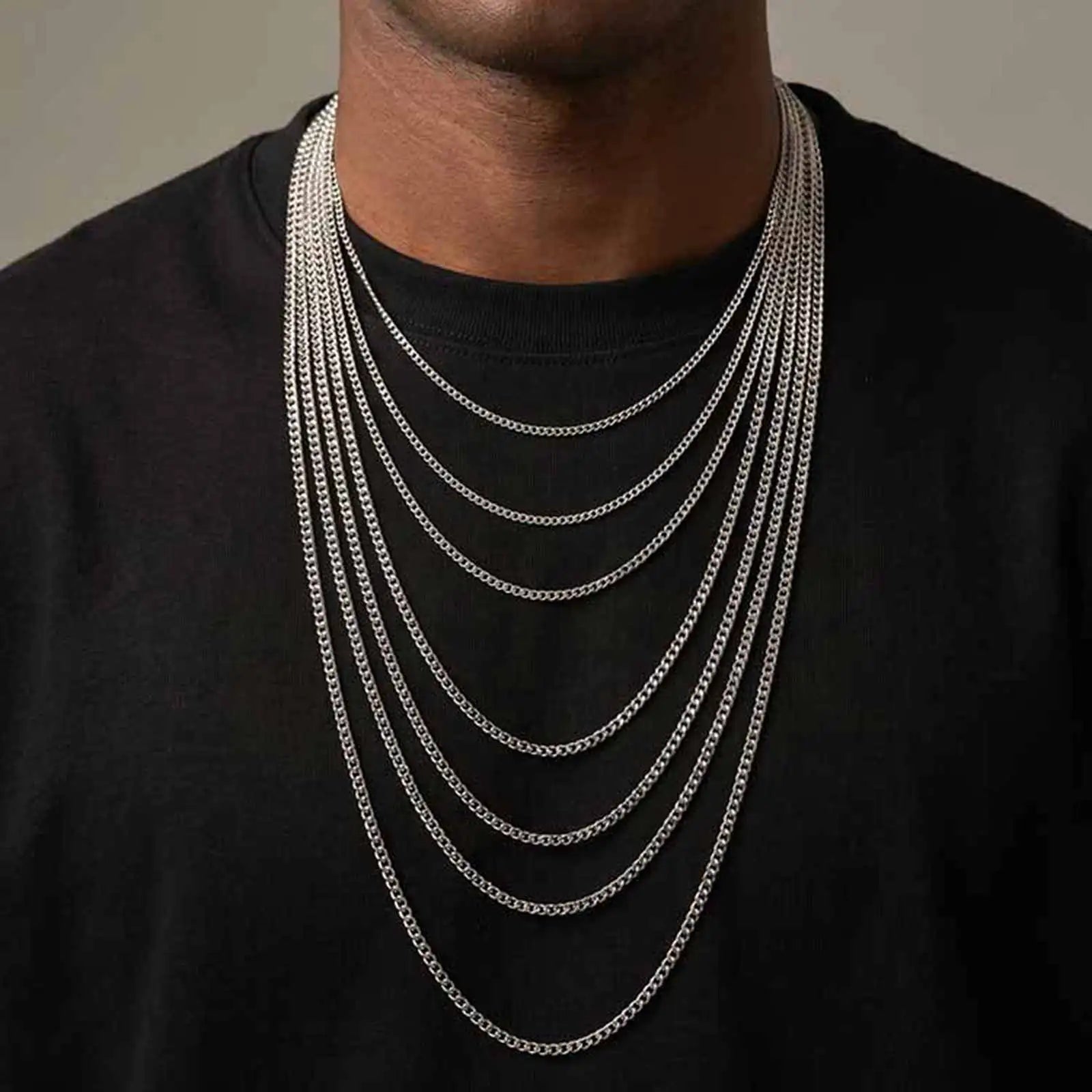 2mm Casual Stainless Steel Cuban Chain Necklace for Men,Hip Hop Punk Silver Color Metal Chain Link Layers Collars Jewelry