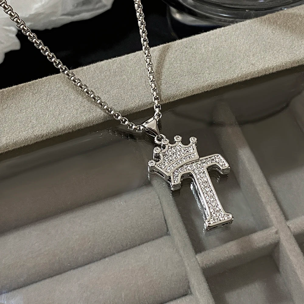 Freetry 26 Letters A-Z Zircon Crown Pendant Necklace for Women Men Punk Initial Alphabet Necklaces Hip Hop Choker Chain