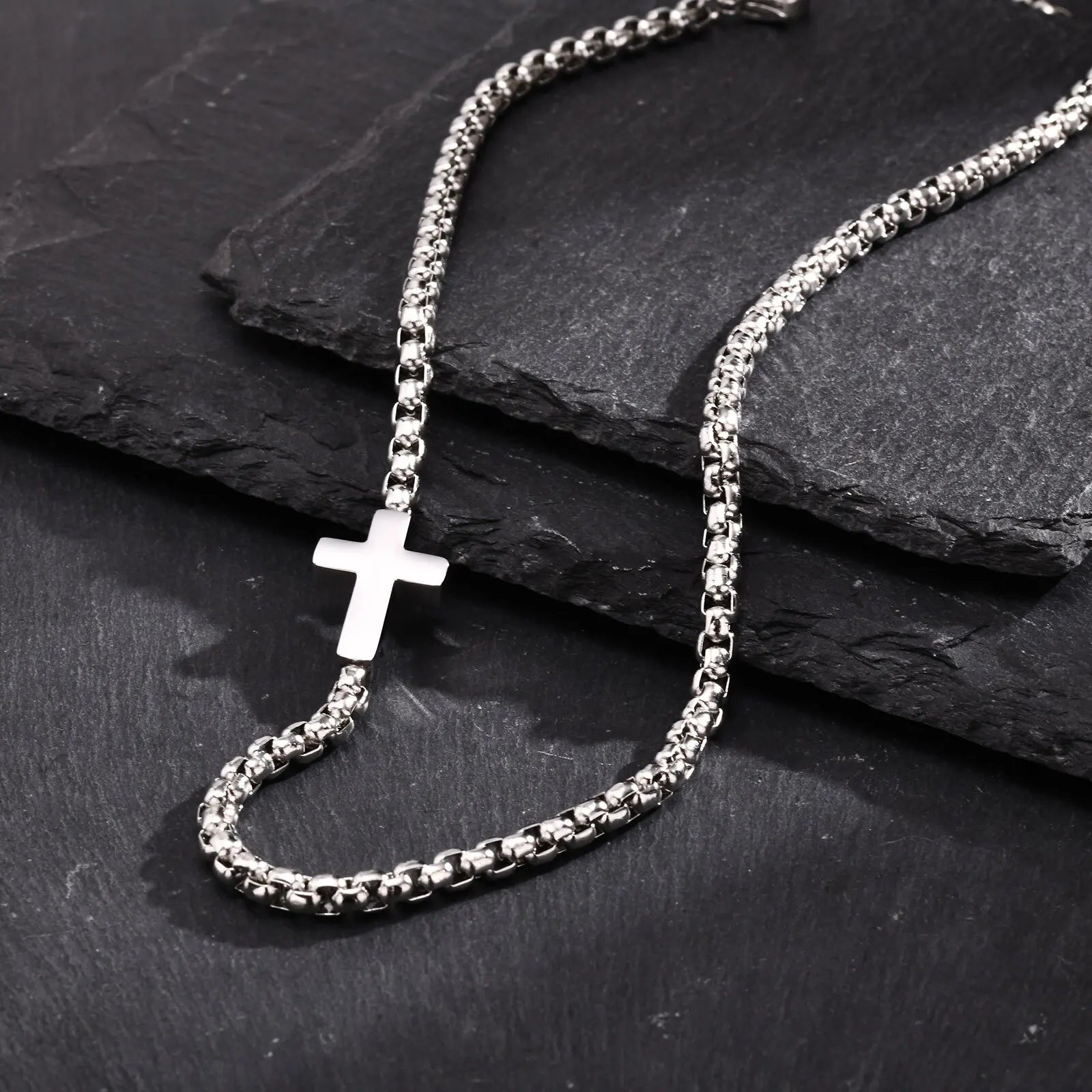 Cross Box Chain Pendant Necklace — Stainless Steel