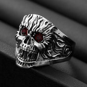 Gothic Exaggerated Skull Ring with Red Eyes — Silver-Tone