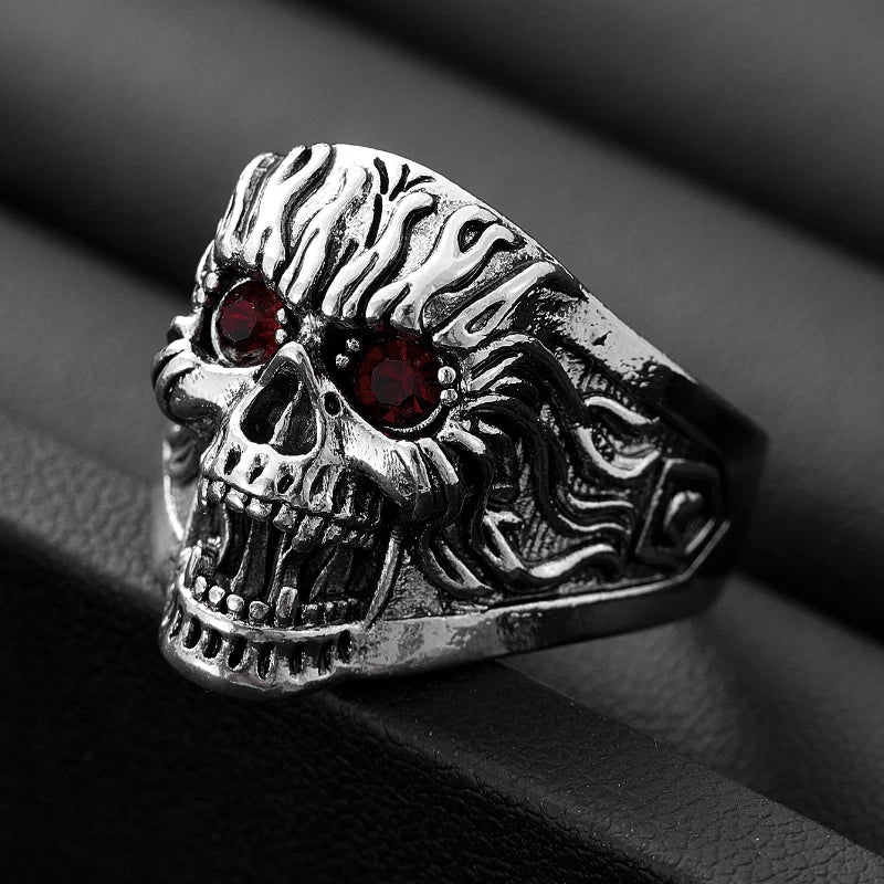 Gothic Exaggerated Skull Ring with Red Eyes — Silver-Tone