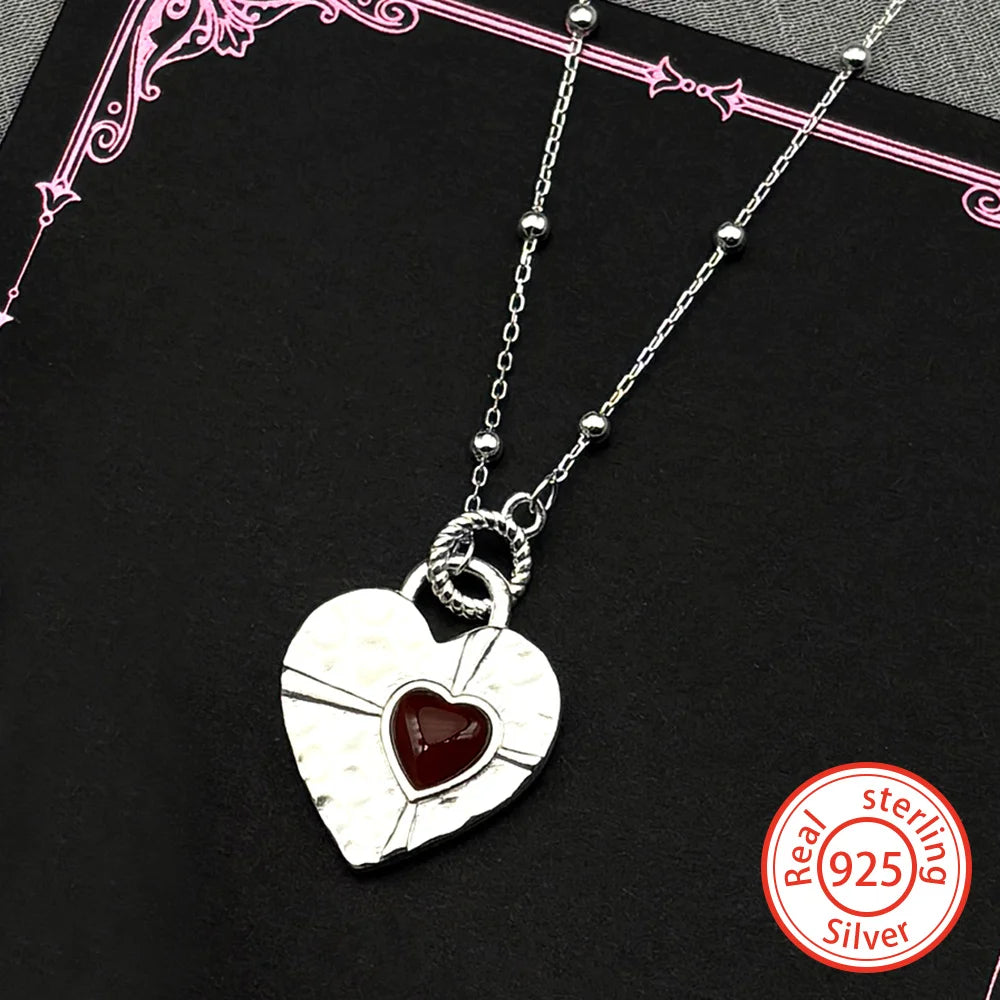 Heart Silver Pendant Sterling Red Glass Clavicle