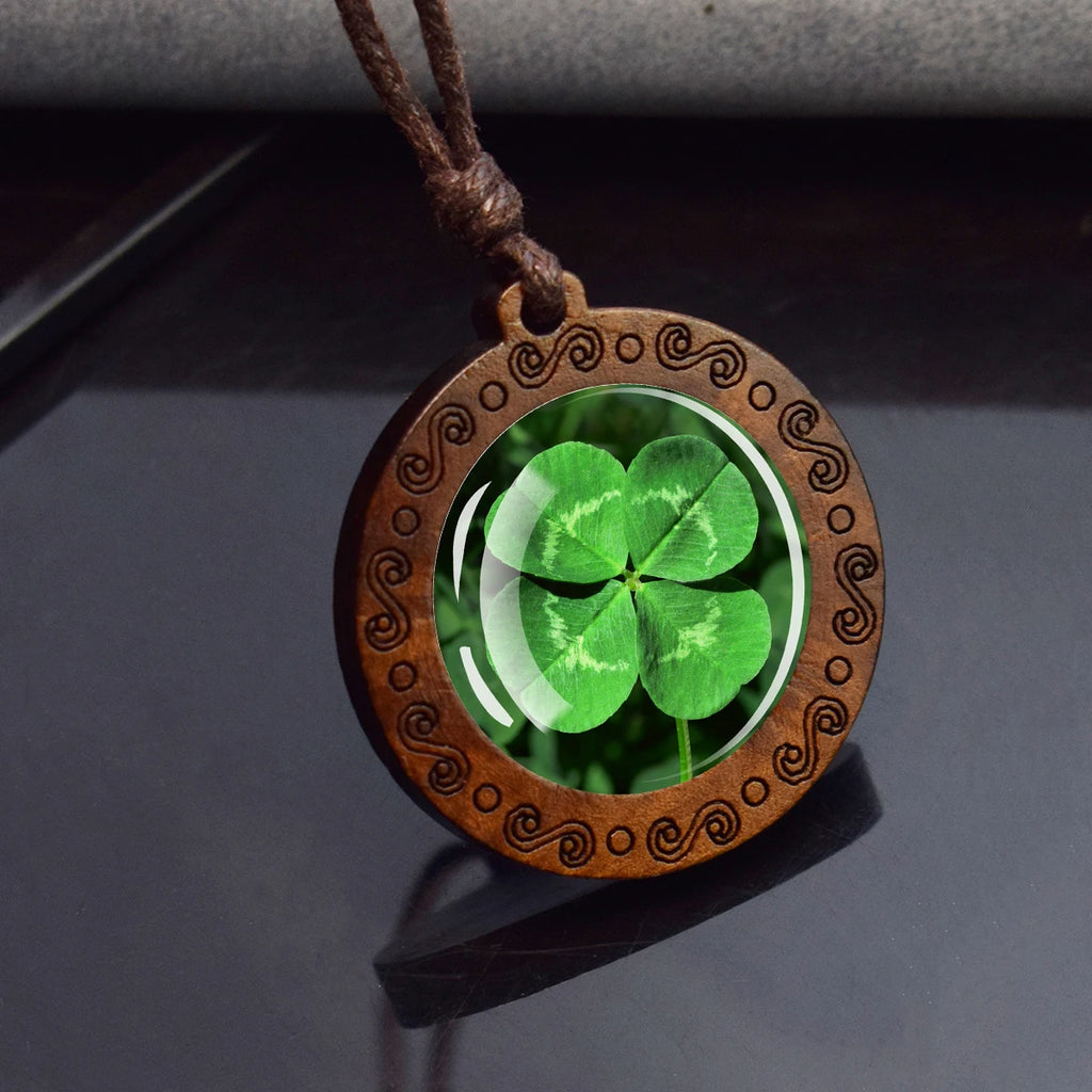 Shamrock Lucky Clover Wood Necklace Wooden Pendant Four Leaf Clover Necklaces Handmade Glass Cabochon Jewelry Women Gift