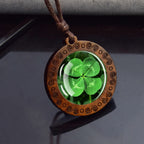 Shamrock Lucky Clover Wood Necklace Wooden Pendant Four Leaf Clover Necklaces Handmade Glass Cabochon Jewelry Women Gift