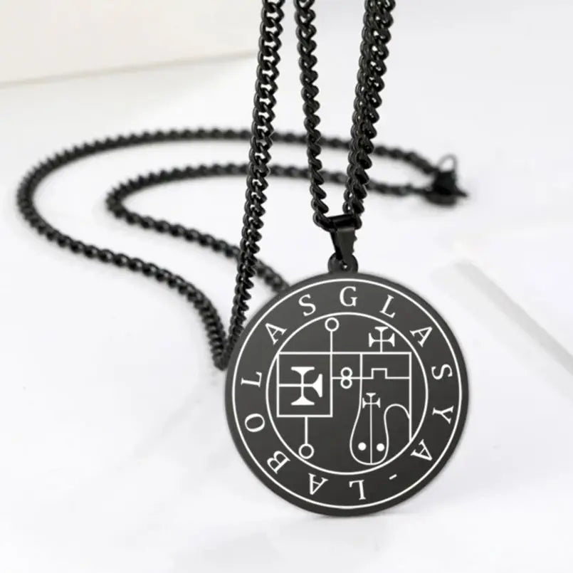 LIKGREAT Stainless Steel Lesser Key of King Solomon Occult Sigil 72 Demon Medalion Necklace for Men Women Pagan