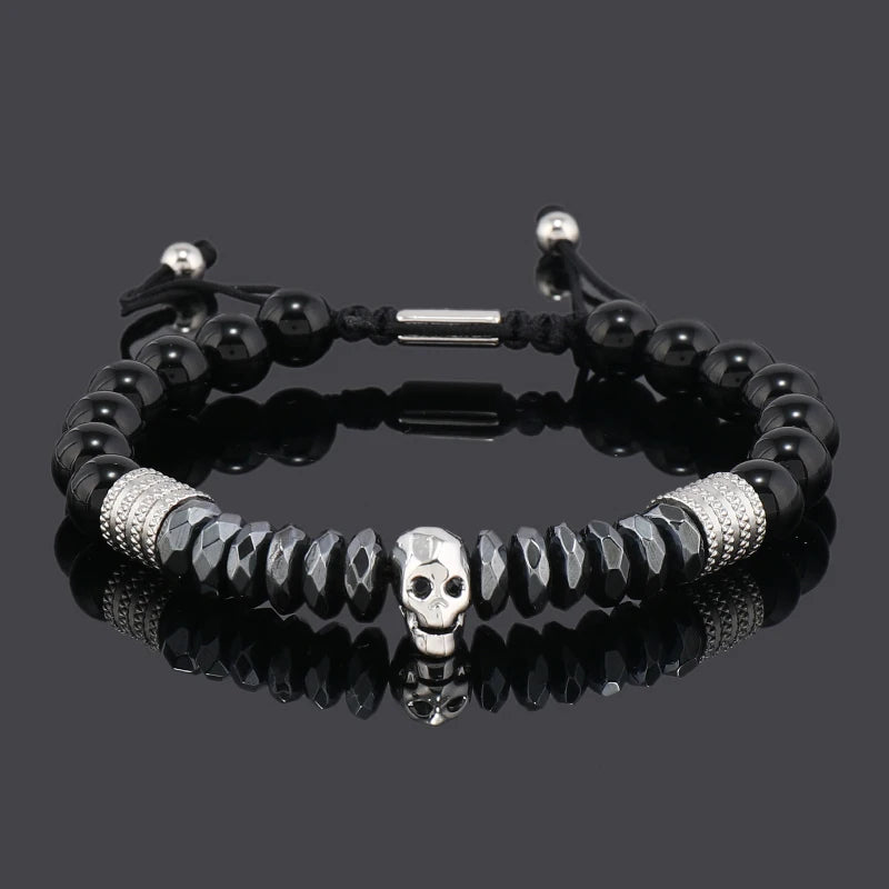 Luxury Black Natural Stone Beads Skull Crown Leopard Head Charms Man Bracelet For Women Hand Jewelry Gift