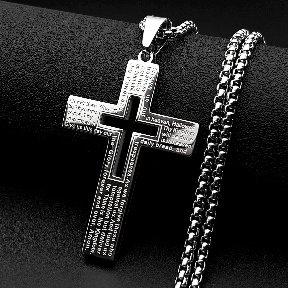 Lord’s Prayer Cross Pendant Necklace — Stainless Steel