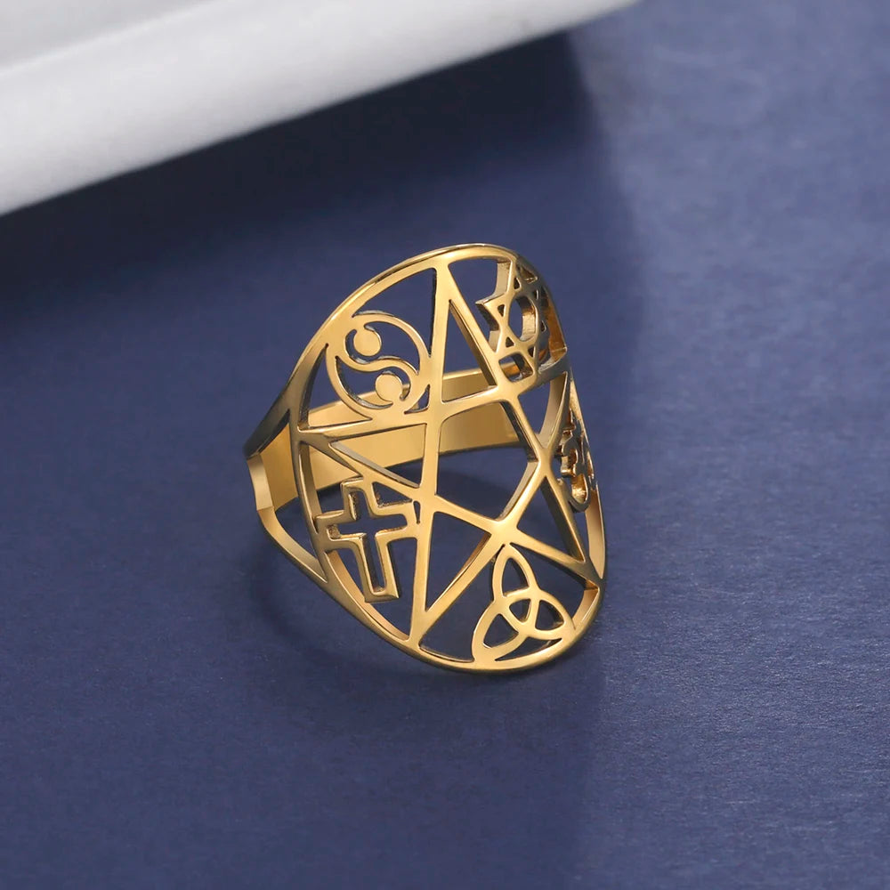 Dawapara Pentagram Adjustable Ring for Men Women Triquetra Cross Star OM Symbol Religious Gift Stainless Steel Jewelry