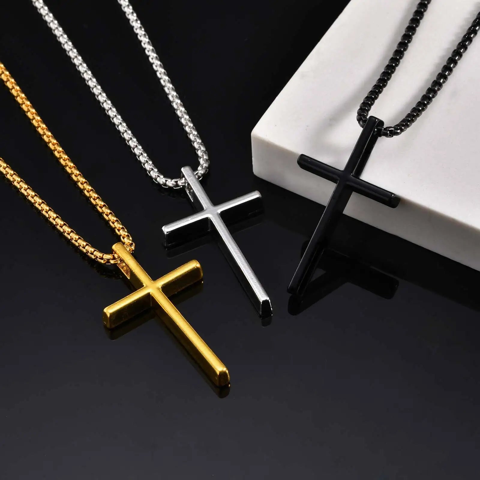 Cross Box Chain Pendant Necklace — Stainless Steel